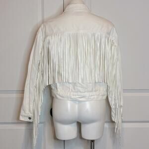White Fringe Jean Jacket - Women's Cropped Denim Jacket